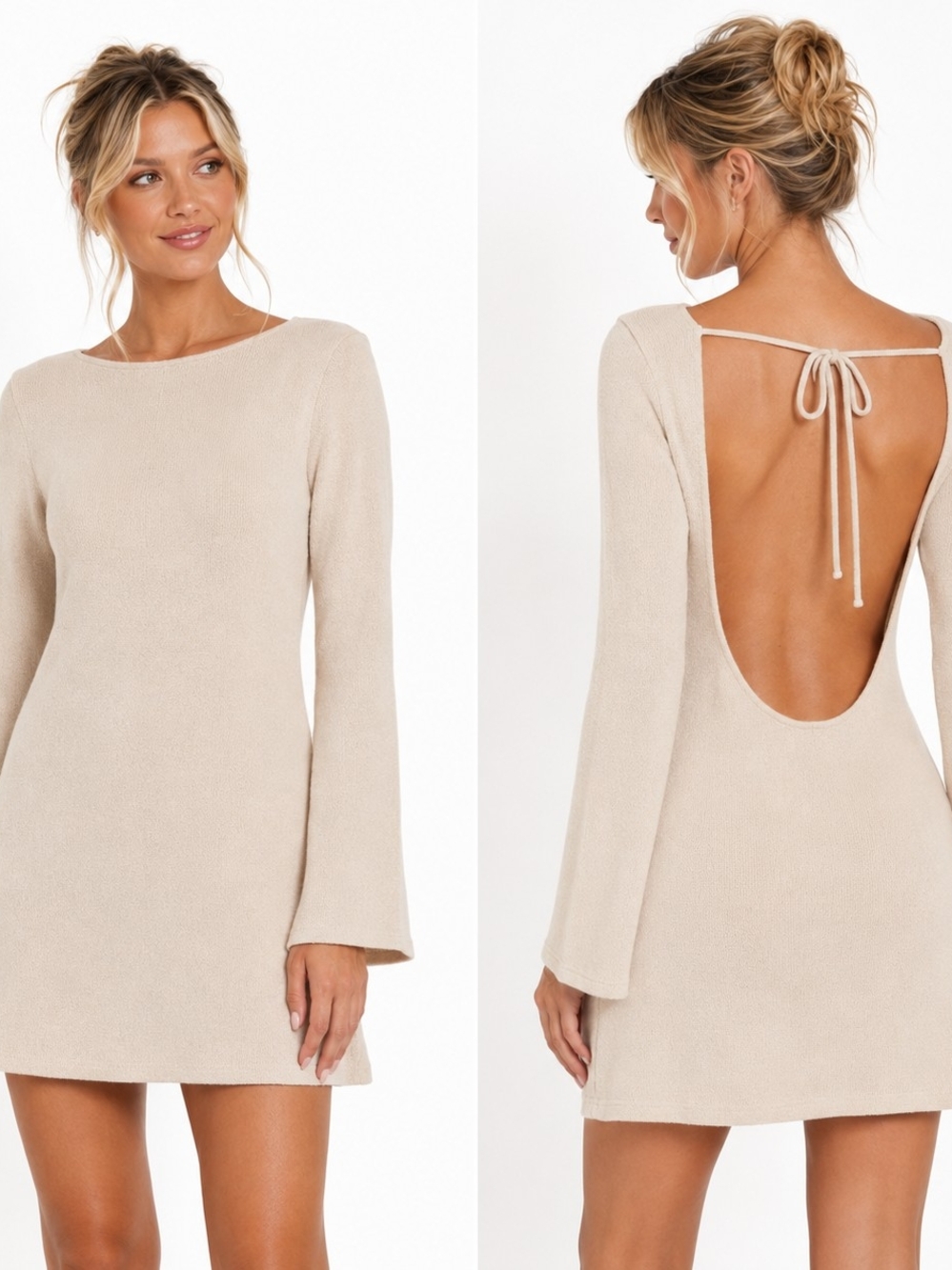 H&M Divided Beige Open-Back Long Sleeve Mini Dress Dainty Minimalist Capsule